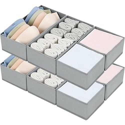 DIMJ Drawer Organizer Clothes Set of 8, Foldable Closet Drawer Organizer, Underwear Drawer Organizer, Fabric Drawer Dividers for Baby Clothes, Socks, Belt, Tie (Grey)
