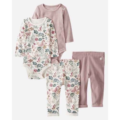 Baby 2-Pack Organic Cotton Bodysuits and Waffle Knit Pants Set - 6M - Style,Multi