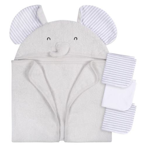 Gerber Baby Grey Zebra Hooded Bath Towel & Washcloths, One Size Fits Most, 4-Piece Set