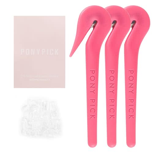 THE PONY PICK Hair Elastic Rubber Bands Cutter Tool – Easy To Use, Pain Free, No Hair Damage – Ponytail Cutter Tool for Kids & Toddlers (3 Packs of Pony Pick & 50 Clear Hair Elastics)