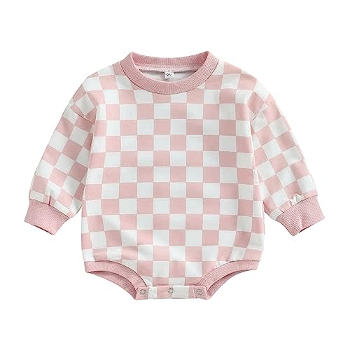 Karuedoo Baby Boy Girl Checkered Sweatshirt Romper Oversized Long Sleeve Bubble Romper Top Neutral Baby Fall Clothes