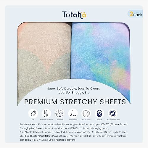 TotAha Premium Stretchy Bassinet Cradle Sheets (2-Pack) -Hypoallergenic, Silky Comfort, Buttery Soft, Calming Effect, All-Season Jersey-Knit, 32 X 16 X 3''(Rainbow & Tie dye)