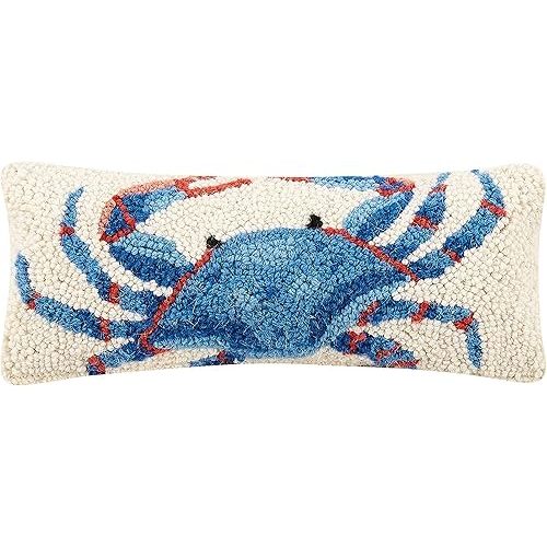 Peking Handicraft 30TG446C05OB Blown Filled Hook Throw Pillow, 12-inch Length, Wool and Cotton (Blue Crab)