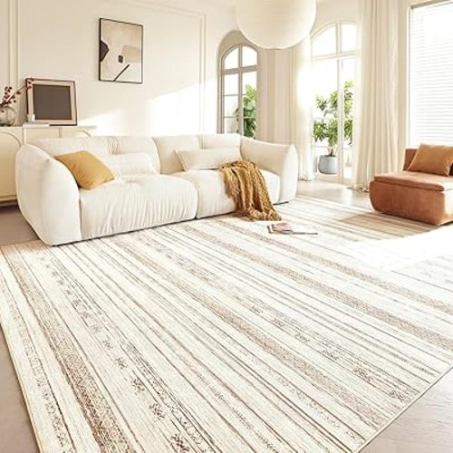 Boraya Area Rugs for Living Room: 9x12 Washable Boho Rug for Bedroom Large Neutral Bohemian Moroccan Farmhouse Geometric Dining Room Rugs Ultra Soft Floor Carpet Indoor for Home Office - Brown Beige