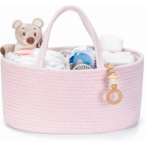 Diaper Caddy Organizer, Baby Storage Basket, Nursery Bin and Car Organizer for Diapers, Gift Basket for Baby Shower List or Newborn Essentials, Boys and Girls - Pink