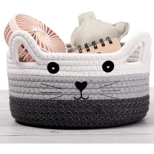 Zopeal Cat Basket Storage Woven Organizer with Ears Decorative Pet Toy Cute Cotton Rope Basket for Gift Cat Dog Toy Bin Nursery Room(8.3 x 4.7 Inch,White, Light Gray and Gray)