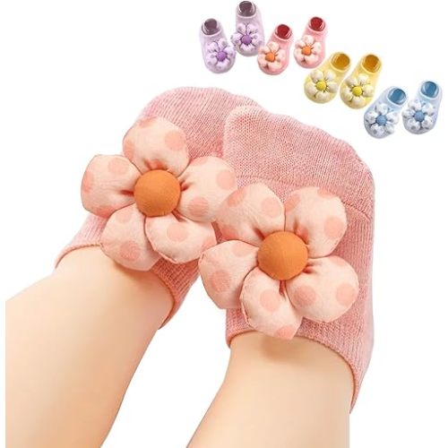 4Packs Baby Girls Socks,Flower Non-Slip Grips for Babies Toddler Princess Low Cut Ankle Socks for Girls