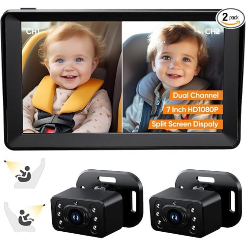 Baby Car Camera for 2 Kids - 7 Inch HD1080P Split Screen Baby Monitor with Dual Backseat Camera 150° Wide View & 360° Rotatable, Night Vision Easy Install, Rear-Facing Baby Car Mirror