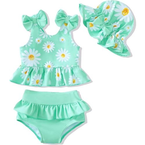 Mioglrie Baby Infant Swimsuit Girl Toddler Bathing Suit Girl Summer Beach Bikini Tankini Swimwear Hat 3-24 Months 2t-5t