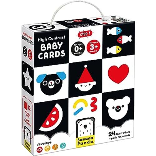 Banana Panda High-Contrast Baby Cards - 24 Illustrations on 12 Large 2-Sided Cards, Designed for Babies 0 Months and 3 Months +