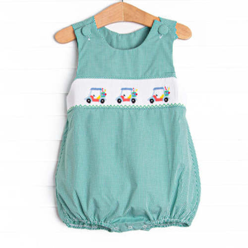 Gone Golfin' Smocked Bubble, Green Gingham – Stitchy Fish