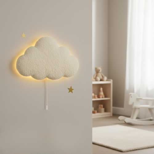 White Bouclé & Wood Cloud Night Light – Handcrafted Lamp for Nursery and Kids Room Decor