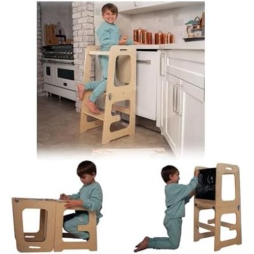 Date 4-in-1 Foldable Tower - Toddler Step Stool with Chalkboard, Desk and Chair - Montessori and Waldorf Style Stool for Ages 18 Months to 6 Years