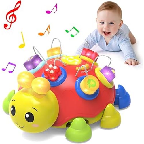 Baby Crawling Toys 6-12 Months,Musical Ladybug Crawling Toy for Infants 0-3-6 7 8 9 10 12-18 Months,Early Education Light Up Music Walking Toys,Shape Matching,Tummy Time Toys for Boy Girl Gift (Red)