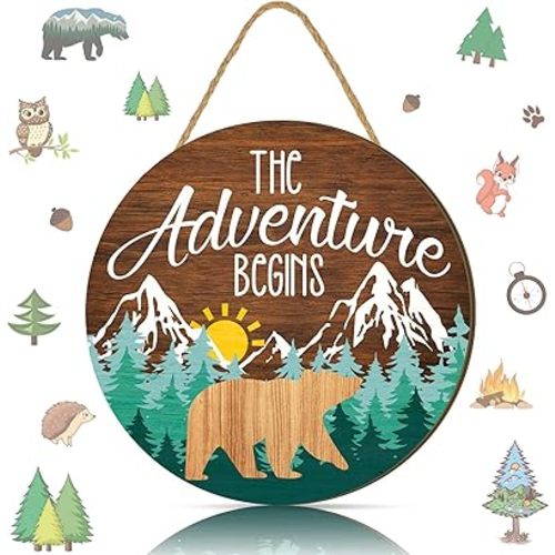 Chunful The Adventure Begins Wooden Hanging Sign, 12 x 12'' Woodland Nursery Decor, Green Trees Brown Background Inspirational Quotes Wooden Plank Sign for Home Cabin, Forest Camping Sign