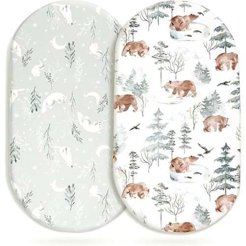 Stretchy Bassinet Mattress Sheets, Ultra Soft Bassinet Sheet 2 Pack, Universal Fitted for Oval Hourglass Rectangular Bassinet Mattress Pad Safe and Snug, Stylish Pattren of Bear and Wolf Print