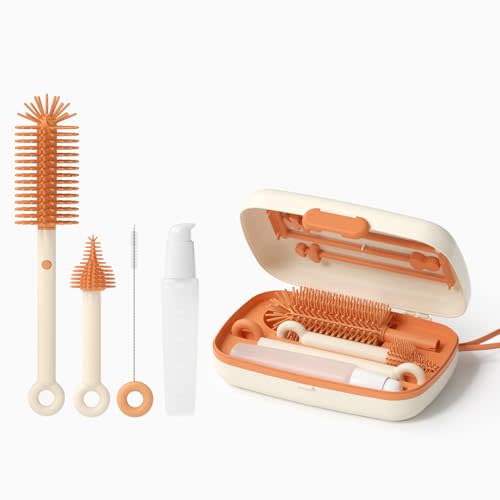 Multifunctional Bottle Brush Set: Drying Rack, Silicone & Detachable Brushes, Nipple & Straw Brushes, Soap Dispenser, Draining Tray, Spoon & Storage Box – Perfect for Home & Travel Essentials.