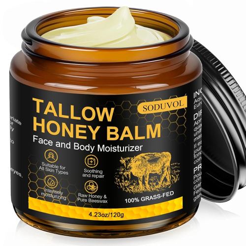 Organic Beef Tallow Honey Balm for Skin, Body & Face Moisturizer, Whipped Grass Fed Cow Tallow Cream with Raw Honey, All Natural Pure Body Lotion for Soft Smooth Skin, Unscented 4.2 OZ