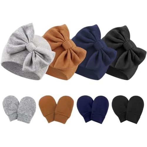 Newborn Baby Hats and Mittens Set Infant Bow Beanie Cap Toddler Gloves Newborn Hospital Hats for Baby Boy Girl 0-6 Months