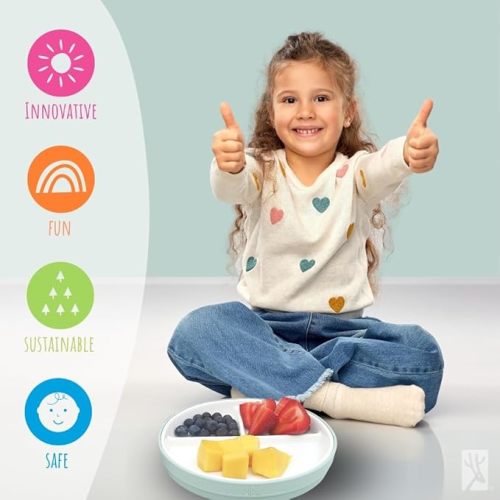 Elk and Friends Kids 6.7” Porcelain Divided Plates with Silicone Suction Sleeves | Suitable for Babies/Kids/Toddlers | Microwave & Dishwasher Safe | Non Slip | Snack Dishes