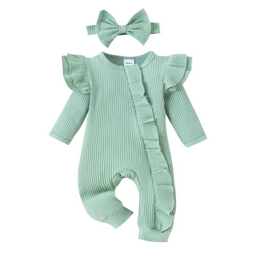 Douhoow Newborn Clothes 0 3 6 Months Baby Girl Ribbed Romper Long Sleeve Ruffle Jumpsuit Infant Solid Bodysuit Headband