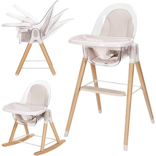 Baby High Chair, 7-in-1 Convertible Wooden Rocking Recline Chair with Adjustable Hardwood Leg for Babies and Toddlers, Double Dishwasher Safe Tray & Premium Leatherette