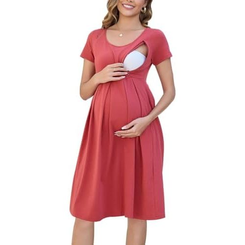 Ecavus Women's Nursing Dress Short Sleeve Hidden Zipper Maternity Breastfeeding Dress with Pockets