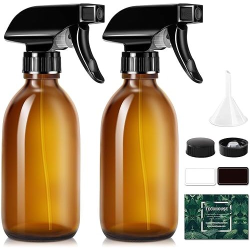 Tecohouse Glass Spray Bottles 8oz, Amber Hair Spray Bottles, 2 Pack Empty Refillable Sprayer Container with Labels, Funnel, Lids, Graduated Pipettes - Handheld Size