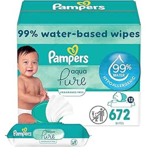 Pampers Baby Wipes Aqua Pure, 99% water-based wipes, Hypoallergenic and Unscented Baby Wipes, 672 Wipes Total (12 Flip-Top Packs)