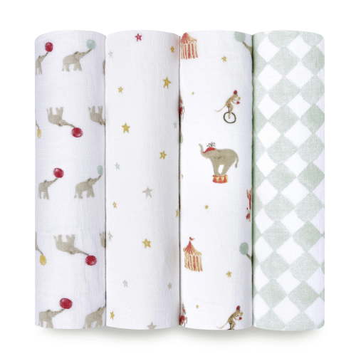 aden + anais, Cotton Muslin Swaddle Blanket, Circus Elephant, Multi, Unisex, Infants, 4-Pk