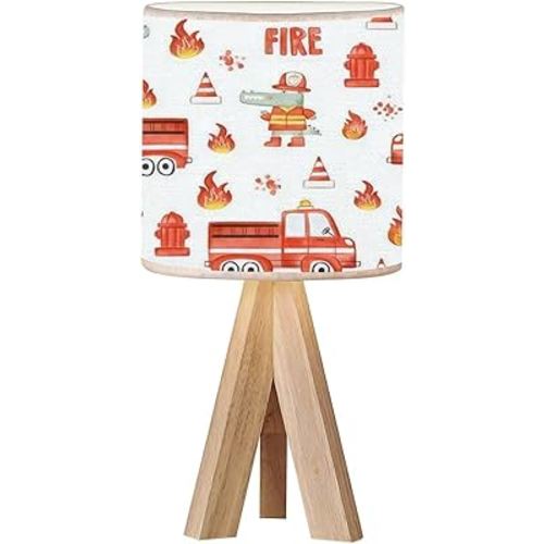 Tripod Bedside Desk Table Lamp Watercolor Hand Drawn Seamless Childish Cute Firetrucks Flame Wood Nightstand Lamp with Linen Fabric Shade for Nursery Bedroom Living Room Kids Room