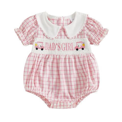 Adobabirl Baby Girl Smocked Bubble Romper Golf Cart Clothes Embroidered Short Sleeve Plaid Bodysuit Fathers Day Outfit