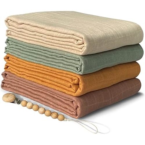 Moonkie Muslin Swaddle Blankets with Pacifier Clip, Soft Baby Blankets for Boys and Girls, Breathable Receiving Blankets, Baby Swaddles Wrap for Newborns, Toddler Essentials, 47 x 47 inches, 4 Pack