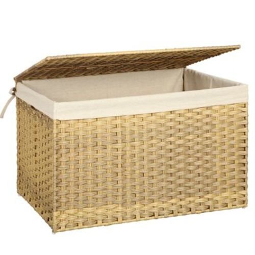 SONGMICS Storage Basket with Lid, 42.3 Gallon (160L) Storage Bin, Woven Blanket Storage Basket with Handles, Foldable, Removable Liner, Natural