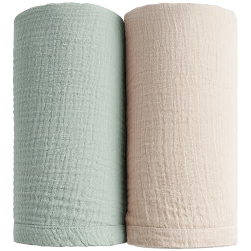 Konssy 2 Pack Muslin Swaddle Blankets for Baby Boys Girls, Receiving Blanket Large 47 x 47 inches, Soft Breathable Muslin Baby Blanket for Unisex Newborn(Green, Cream)