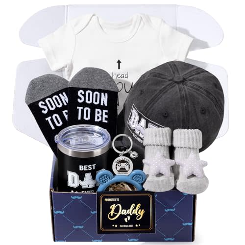 2026 New Dad Gifts Box, 9 Pcs First Time Dad Gifts, Dad to Be Gifts for 1st Time with Tumbler Hat Onesie Socks Keychain for Baby Shower,Unique Kit for Soon to Be or Expecting Father