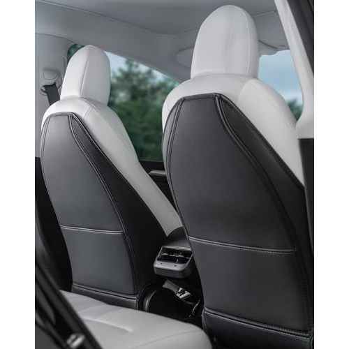 EVANDCAR Leather Seat Back Protector Designed for Tesla Model Y Model 3 (Includes 2025 New Model Y & 2024-2025 Model 3 Highland), Wear-Resistant Car Kick Mats with Organizer Pocket, Set of 2