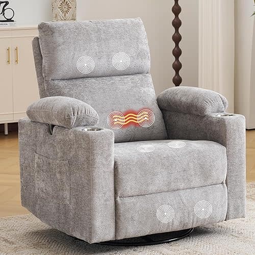 Power Recliner Chair Swivel Glider with Massage and Heat, Swivel Rocker Recliner with Adjustable Armrests, 24" Nursery Chair with Adjustable Headrest, Rocker Nursery Recliner, Light Grey