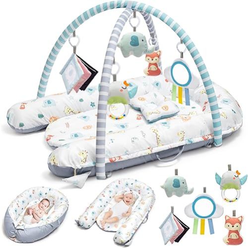 Baby Gym Play Mat, Baby Lounger, 7-in-1 Tummy Time Activity Mat, Washable Newborn Nest, Portable Infant Floor Seat for Home & Travel, Baby Essentials Gift, Develops Visual & Hearing & Sensory & Motor