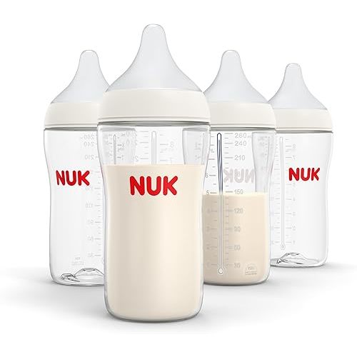 NUK Perfect Match 2-in-1 Natural and Anti-Colic Bottle with Medium Flow, Wide, Adaptable Nipple, 8oz., 4 Pack, BPA Free