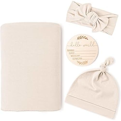 Konssy Baby Girl Newborn Receiving Blanket with Matching Headband and Beanie Set Baby Swaddle Nursery Swaddle Wrap