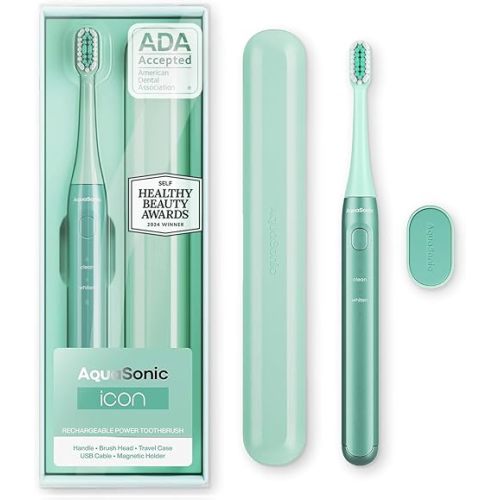Aquasonic Icon ADA-Accepted Rechargeable Toothbrush | Magnetic Holder & Slim Travel Case | 2 Brushing Modes & Smart Timers | Gentle Micro-Vibrations (Mint)