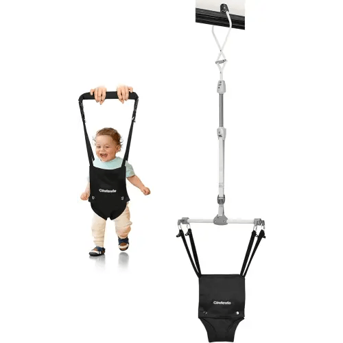 Cowiewie 2 in 1 Baby Door Jumper w/Baby Walking Harness Function, Baby Jumper with Door Clamp Adjustable Strap and Seat (Black)