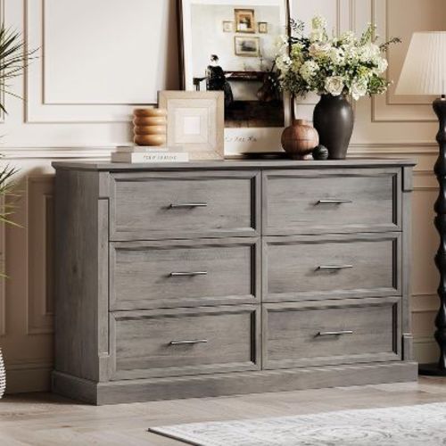 6 Drawer Dresser for Bedroom, Framhouse Large Chest of Drawers with Metal Handles, Rustic Double Wood Dresser, Storage Dressers Organizer