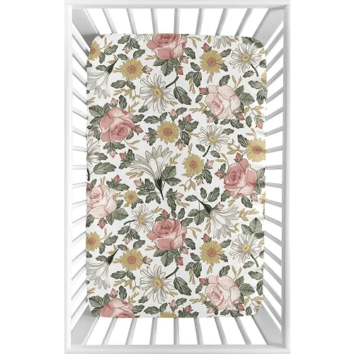 Sweet Jojo Designs Vintage Floral Boho Girl Fitted Mini Crib Sheet Baby Nursery for Portable Crib or Pack and Play - Blush Pink, Yellow, Green and White Shabby Chic Rose Flower Farmhouse