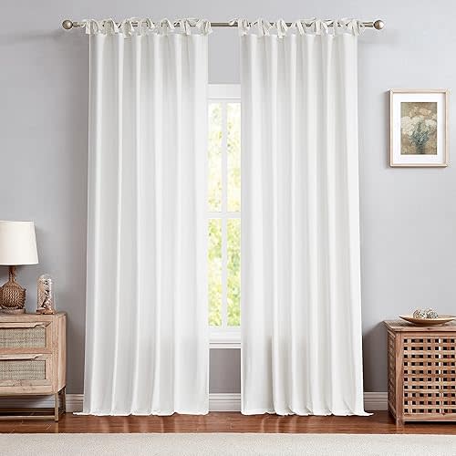 Central Park White Tie Top Curtain Semi Sheer Window Treatment Linen Cotton Blend Decorative for Living Room Drape 84 Inch Length Treatment for Bedroom Farmhouse Rustic Curtain, White, 1 Panel