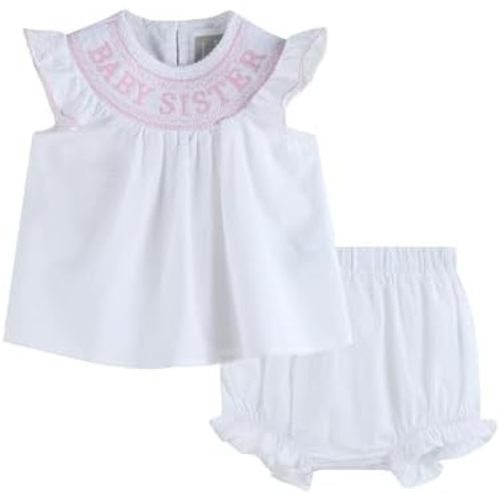 Lil cactus Baby Girls and Toddlers White 'Baby Sister' Smocked Dress and Bloomer Set