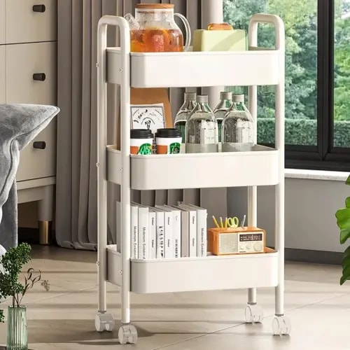 3 Tier Metal Rolling Utility Cart with Handle, Detachable Storage Organizer with Wheels for Kitchen, Living Room, Office, Garage (White, 3 Tier)