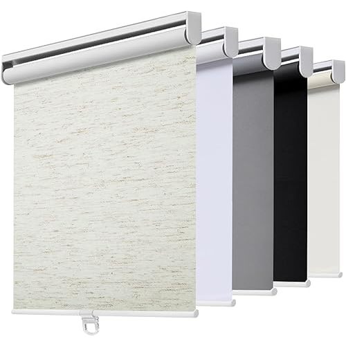 Cordless Roller Shades Blackout Blinds for Windows Room Darkening Rolled Up Shades with Spring System, UV Protection Natural Linen Fabric Window Shades Door Blinds for Home(26" W x 72" H, Linen Cream