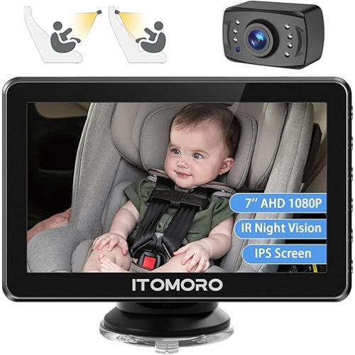 Itomoro Baby Car Camera, 7'' HD 1080P Car Camera for Baby Display, Infrared Night Vision Function Car Baby Camera with 150° Wide View & 360° Rotatable Easy Installation in 5 Mins Baby Monitor